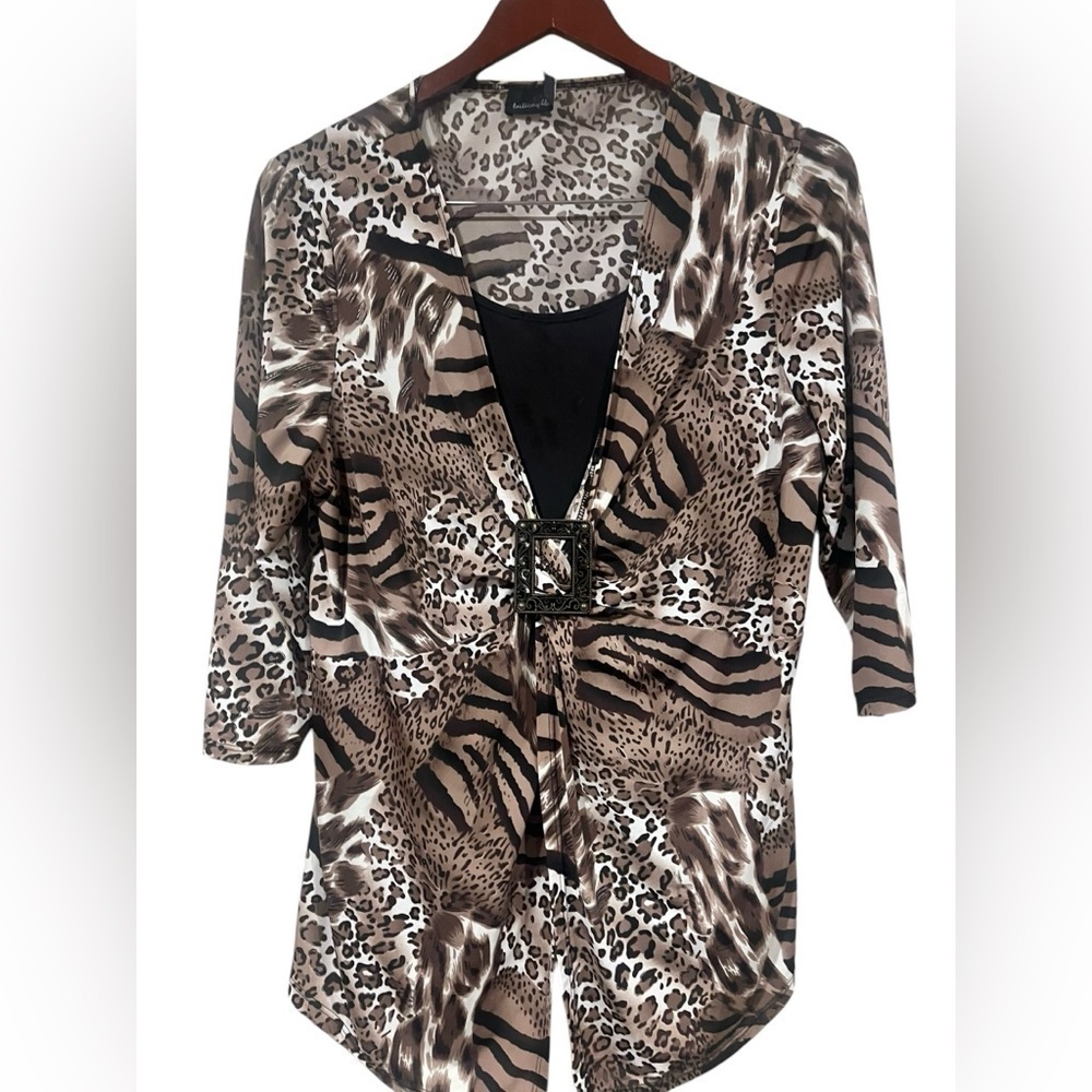 Vintage Brittany Black 90s Y2K Animal Print Baby Doll Blouse Large 3/4 Sleeve
